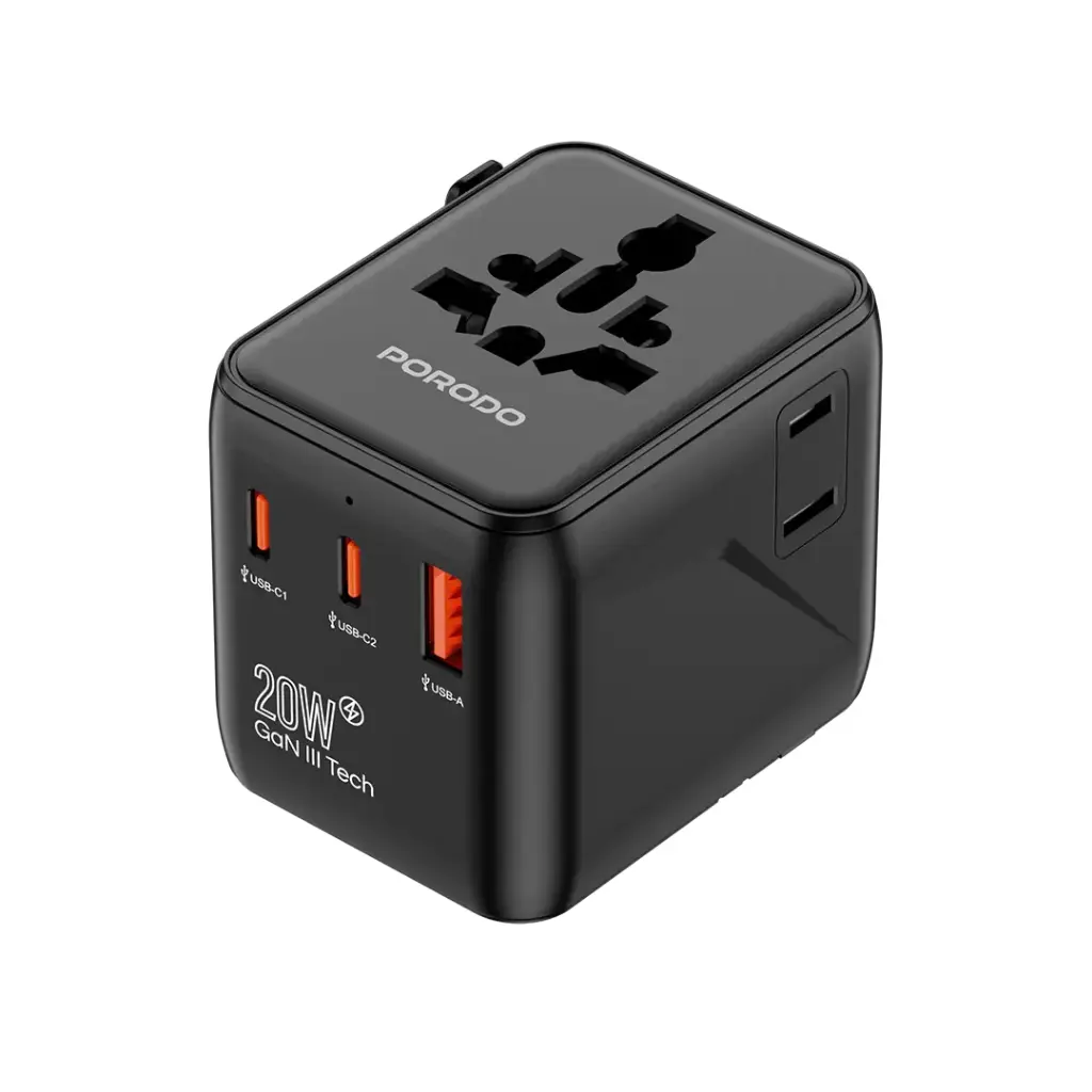 Porodo PD20W+2QC 3.0 Universal Travel Adapter - Black {PD-FWCH053-BK}